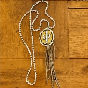 Pink panache Beaded Necklace with Gold Cactus Pendant and Beige Tassels